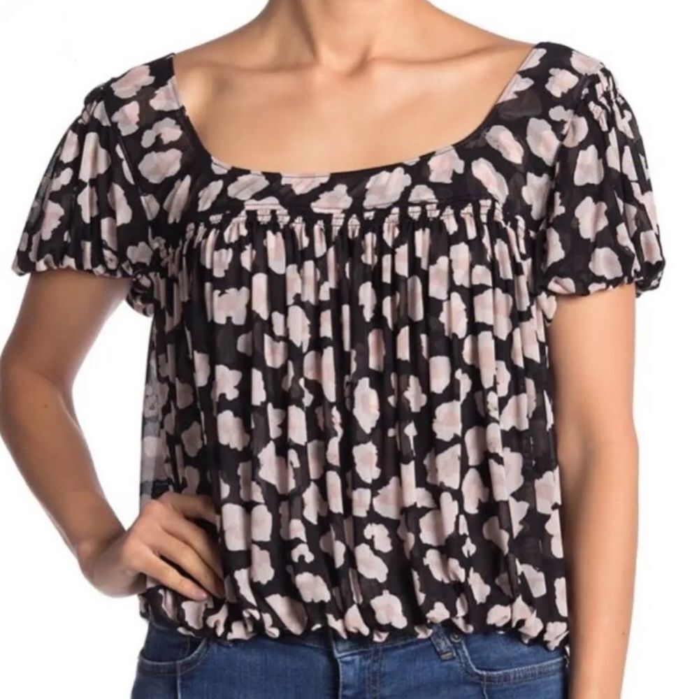 Free People Megs Leopard Animal Print Smocked Pleated Mesh Crop Blouson Top S